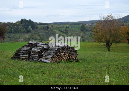 Brennholz in einer Wiese in hügeligen Herbst Landschaft gestapelt Stockfoto