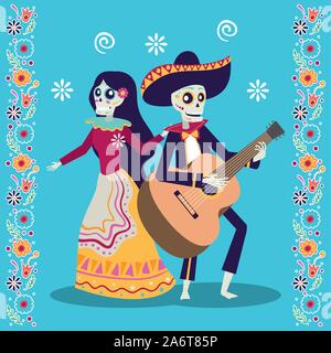 Dia de los Muertos Karte mit mariachi Gitarre spielen und catrina Stock Vektor