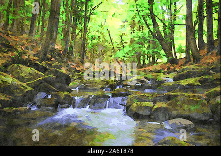 Digitale Kunst Malerei Leinwand - malerische Berg Bach in einer tiefen Frühlingswald (Aquarell). Stockfoto