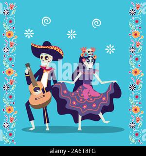 Dia de los Muertos Karte mit mariachi Gitarre spielen und catrina Stock Vektor