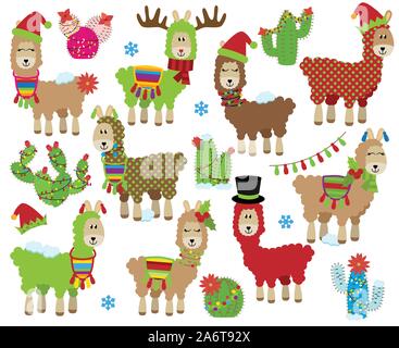 Vektor Sammlung von Süße Weihnachten oder Winter Holiday Themed Lamas Stock Vektor