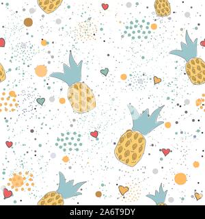 Hand gezeichnet nahtlose Muster mit Ananas und Herzen. Ideal für Hochzeit Karten, Postkarten, T-Shirts, Einladungen, Broschüren, Plakate, Geschenkverpackung Stock Vektor