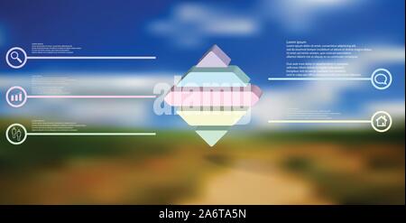 3D-Illustration Infografik Vorlage. Die geprägte Raute ist horizontal zu fünf Farben aufgeteilt. Objekt ist auf das Bild verschwommen. Zeilen mit Zeichen in Stock Vektor