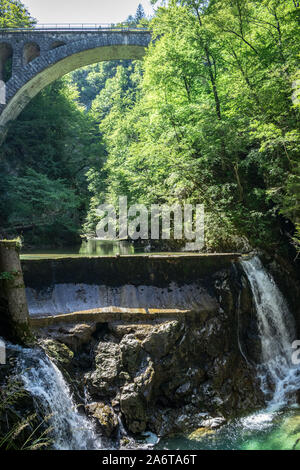 Brücke und Streaming Wasser in der Nähe von Damm in der Schlucht Vintgar, in der Nähe der Stadt Bled, Slowenien Stockfoto