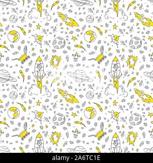 Nahtlose Muster mit Hand gezeichnet kosmischen Elementen. Schwarz doodles mit gelben Details auf weißem Hintergrund. Vektor illustartion. Stock Vektor