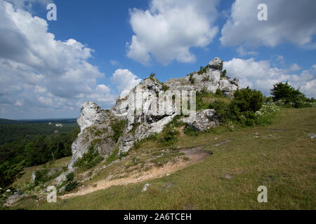 Kalksteinfelsen in Polen, einzigartige Steine, Felsen gegen den blauen Himmel - Jura Krakowsko-Cz ęstochowska, geographische Makroregion im südlichen Polen Stockfoto