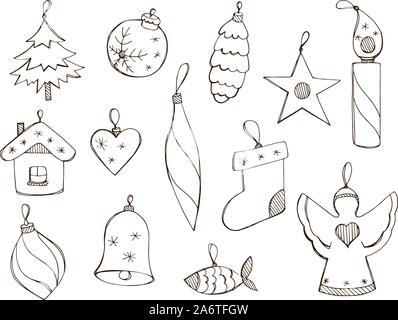 Vektor hand Illustrationen für das Neue Jahr Design gezeichnet. Satz von Weihnachten Spielzeug in doodle Style auf weißem Hintergrund. Monochrome Weihnachten Decora Stock Vektor