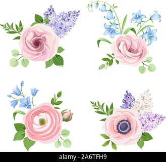 Vektor einrichten von Pink, Blau und Lila Blumen auf einem weißen Hintergrund. Stock Vektor