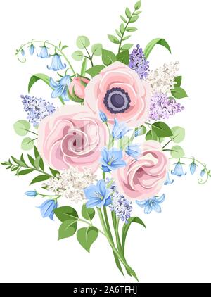 Vektor Bouquet von rosa, blau und lila Blumen auf einem weißen Hintergrund. Stock Vektor
