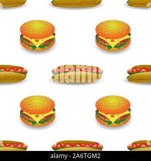 Straße Fast Food nahtlose Muster. Frische Hamburger und Hot Dog. Ungesunde Kalorienreiche Mahlzeit. Satz von Sandwiches Stock Vektor