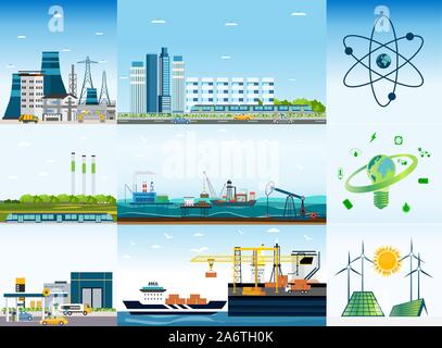 Große Stadt und Arten von Energiequellen Infografik. Vektor einer Megalopolis mit, Pflanzen, Fabrik, Werft, Gebäude und umweltfreundliche Solar Panels und Stock Vektor