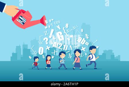 Vektor eines Lehrers hand Bewässerung mit Buch wissen Kinder mit Rucksäcken vorbei auf eine Stadt Hintergrund Stock Vektor