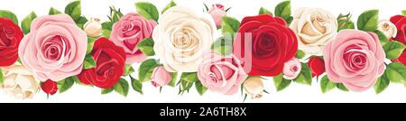 Vektor horizontale nahtlose Girlande mit roten, rosa und weißen Rosen und grünen Blättern. Stock Vektor