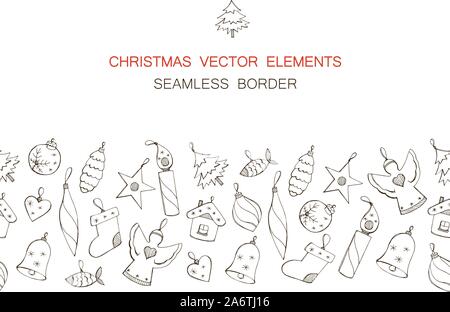 Vektor nahtlose Grenze mit Hand gezeichnet Weihnachtsschmuck auf weißem Hintergrund. Monochrome endlose horizontale Bürste. Nahtlose Girlande in Do Stock Vektor