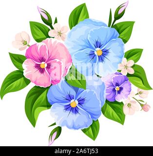 Vektor Blumenstrauß aus blau, rosa und violetten Stiefmütterchen Blumen auf einem weißen Hintergrund. Stock Vektor