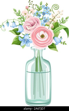 Vektor Bouquet von rosa und blauen Blüten in einer Flasche auf einem weißen Hintergrund. Stock Vektor