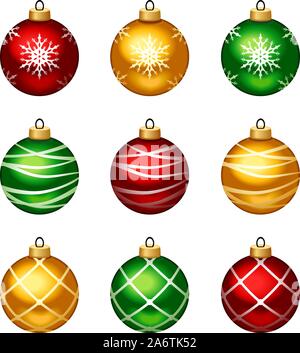 Vektor einrichten von Rot, Gelb und Grün Weihnachten Kugeln mit Muster auf einem weißen Hintergrund. Stock Vektor
