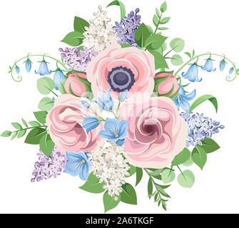 Vektor Bouquet von rosa, blau und lila Blumen auf einem weißen Hintergrund. Stock Vektor