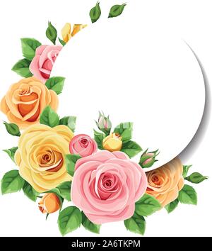Vektor Kreis Karte mit rosa, orange und gelbe Rosen und grünen Blättern. Stock Vektor