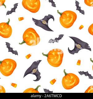 Vektor Halloween nahtlose Hintergrund mit Jack-o-lanterns, Fledermäuse und Hexen Hüte auf Weiß. Stock Vektor