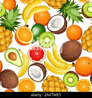 Vektor nahtlose Hintergrund mit tropischen Früchten (Avocado, Banane, Kokosnuss, Kiwi, Orange, Ananas). Stock Vektor