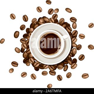 Tasse Kaffee und Kaffeebohnen. Ansicht von oben. Vector Illustration. Stock Vektor