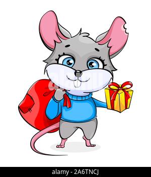 Ratte Zeichentrickfigur holding Sack mit Geschenken und Geschenkverpackung. Lustige Ratte auf weißem Hintergrund. Vector Illustration Stock Vektor