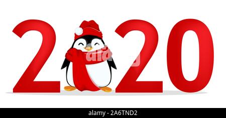 Frohes Neues Jahr Grußkarte mit Nummer 2020 und lustige Pinguin auf Platz 0. Vector Illustration auf weißem Hintergrund Stock Vektor