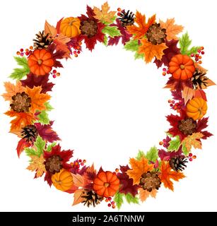 Vektor herbst Kranz mit orange Kürbisse, Kiefernzapfen und bunte Blätter. Stock Vektor