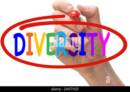 Hand mit Filzstift und Wort Vielfalt in bunten Buchstaben geschrieben Stockfoto