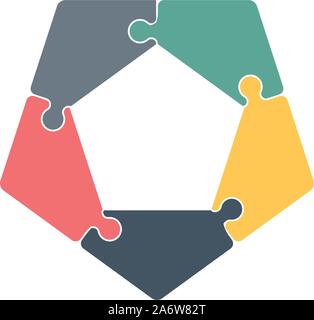 Fünf stück Pentagon Flachbild puzzle Infografik Präsentation. Schritt 5 Kreis Business Plan. Vektor Illustration auf weißem Hintergrund. Stock Vektor