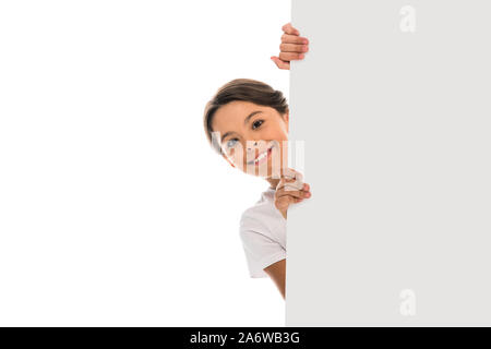 Glückliches Kind und lächelnd Plakat isoliert auf weißem Stockfoto