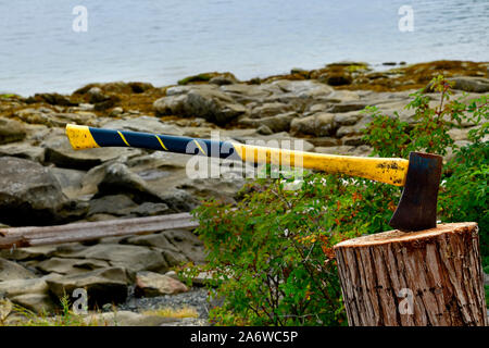 Eine Axt mit einem gelben und schwarzen Griff in ein Stück Baumstamm, als verteilerblock am Ufer der Insel Vancouver, British Colum verwendet war verklemmt Stockfoto