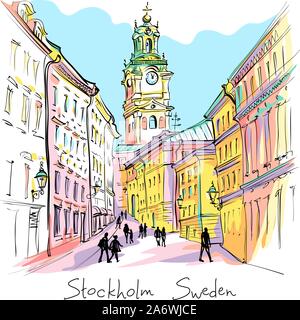 Vektor Skizze der Kirche des Hl. Nikolaus, Stockholm oder die Kathedrale Storkyrkan in der Nacht, Gamla Stan, in der Altstadt von Stockholm, die Hauptstadt von Schweden Stock Vektor