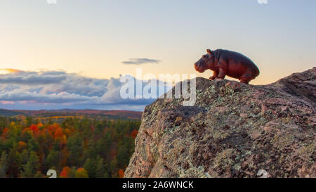 Kinder Spielzeug Nilpferd wird nach außen weisend an der felsigen Rand einer Klippe mit Blick auf einen Wald im Herbst. Der Kunststoff hippo ist gegen gesehen Stockfoto