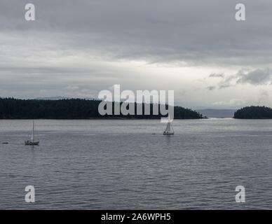 Zwei Segelboote unter Segel in der Nähe von Swartz Bay B, Kanada. Stockfoto