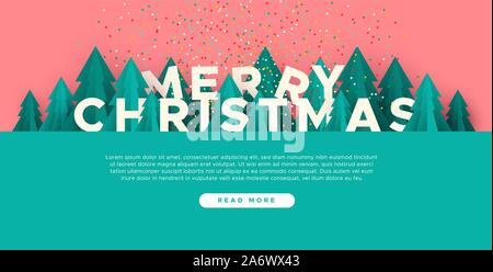 Frohe Weihnachten web template Abbildung mit 3d-Papier geschnitten Pine Tree und festliche Konfetti. Cute Winter wald landschaft für die Landing Page oder auf Stock Vektor