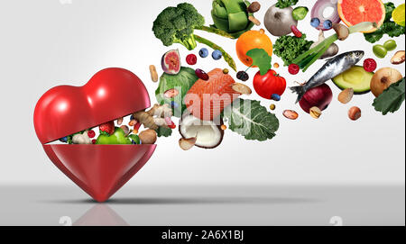Gesunde Ernährung Konzept und von Inhaltsstoffen für Herzgesundheit mit Obst Gemüse Nüsse Fisch und Bohnen als natürliche Ernährung. Stockfoto