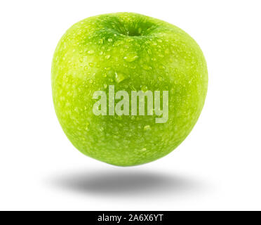 Frisch saftig grüner Apfel mit Wassertropfen auf weißem Hintergrund. Apple isoliert. Stockfoto