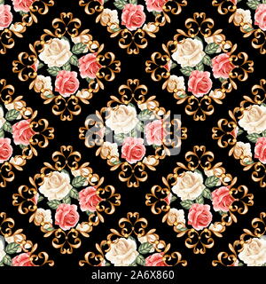 Nahtlose Muster mit goldenen Locken und Rosen Stockfoto