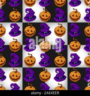 Halloween nahtlose Muster mit Kürbis und Hexe Hüte auf Schachbrett Stock Vektor
