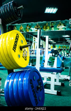 Professionelle Rot, Grün, Blau Hanteln und Hantelscheiben auf dem Hintergrund der Fitnessraum. Sport Equipment. Stockfoto