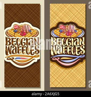 Vektor Banner für belgische Waffeln, Flugblätter mit traditionellen square Kuchen, frische Beeren und Eis, original Schriftzug für Worte, belgische Waffeln, Stock Vektor