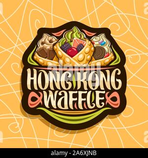 Vektor logo für Hong Kong Waffeln, schwarz dekorative Tag mit 3 bubble Waffeln gefüllte weiche Eis und frischen Früchten servieren, original Schriftzug f Stock Vektor