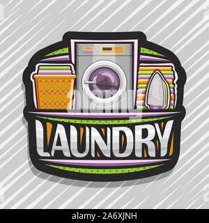 Vektor logo für Wäscheservice, schwarzer Schild mit Waschmaschine, orange Korb mit Bettwäsche, Bügeleisen und Stapel von Bettwäsche, original Bürste Stock Vektor
