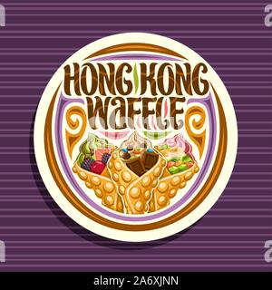 Vektor logo für Hong Kong Waffeln, weiße runde Tag mit 3 verschiedenen bubble Waffeln gefüllte weiche Eis und frischen Früchten servieren, original letterin Stock Vektor