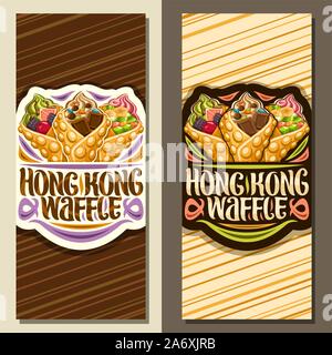 Vektor Banner für Hong Kong Waffeln, Flugblätter mit 3 verschiedenen bubble Waffeln gefüllte weiche Eis und frischen Früchten servieren, original Schriftzug Stock Vektor