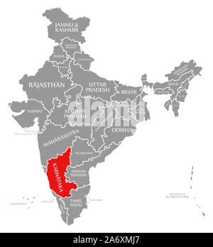 Karnataka rot hervorgehoben Karte von Indien Stockfoto