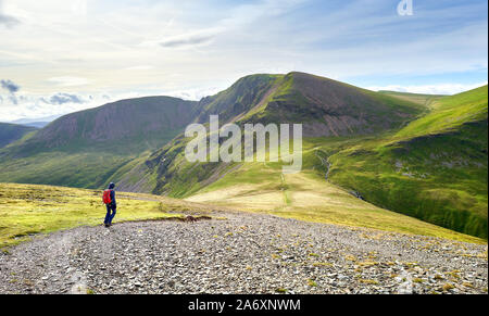 Ein Wanderer und ihrem Hund auf einem felsigen Weg auf den Gipfel der Segel und des Crag Hill im Lake District, England, UK. Stockfoto