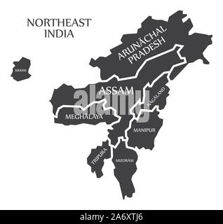 Nordost Indien region Karte mit der Bezeichnung schwarz Abbildung: Stock Vektor